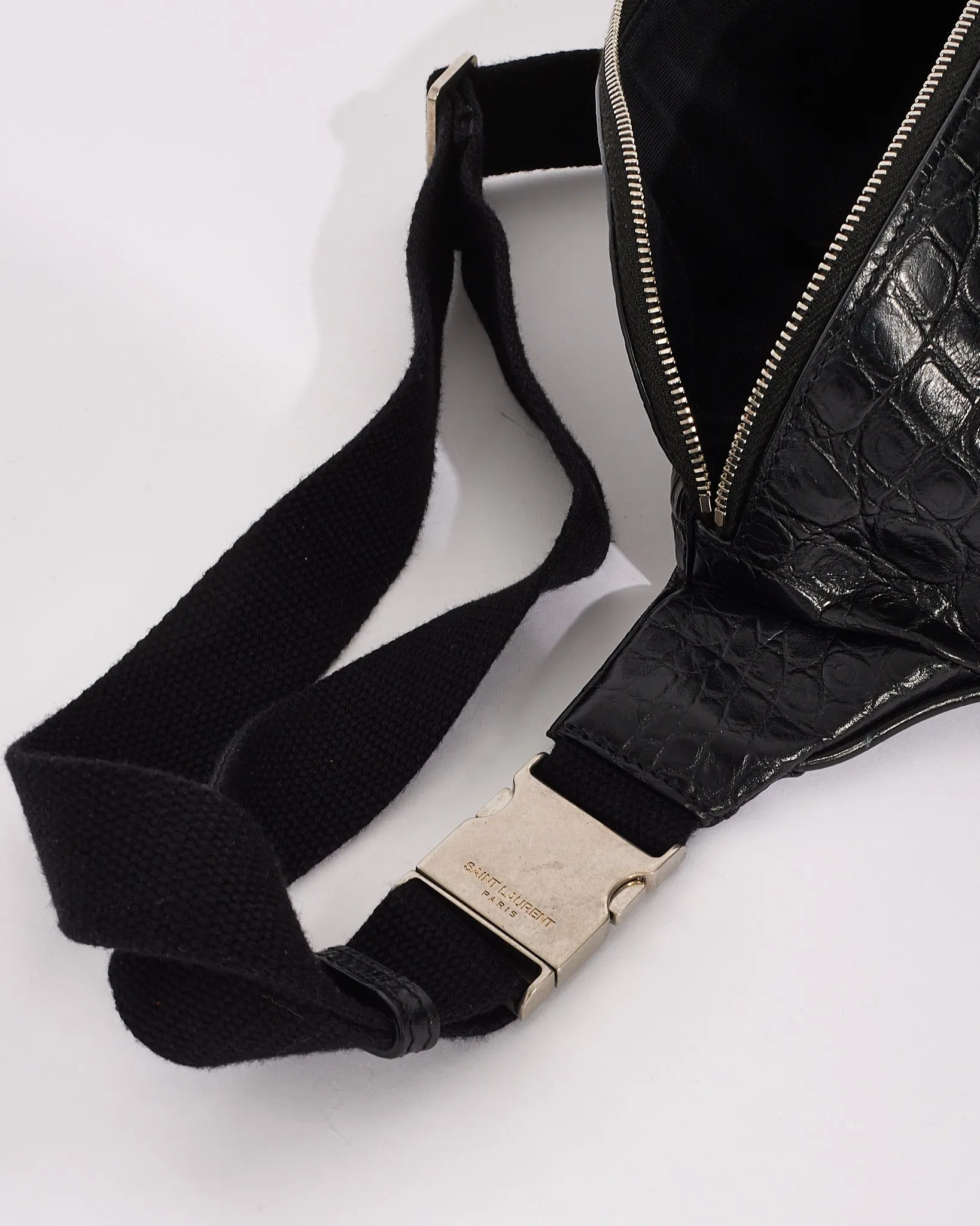 Saint Laurent Black Croc Embossed Leather Marsupio Belt Bag