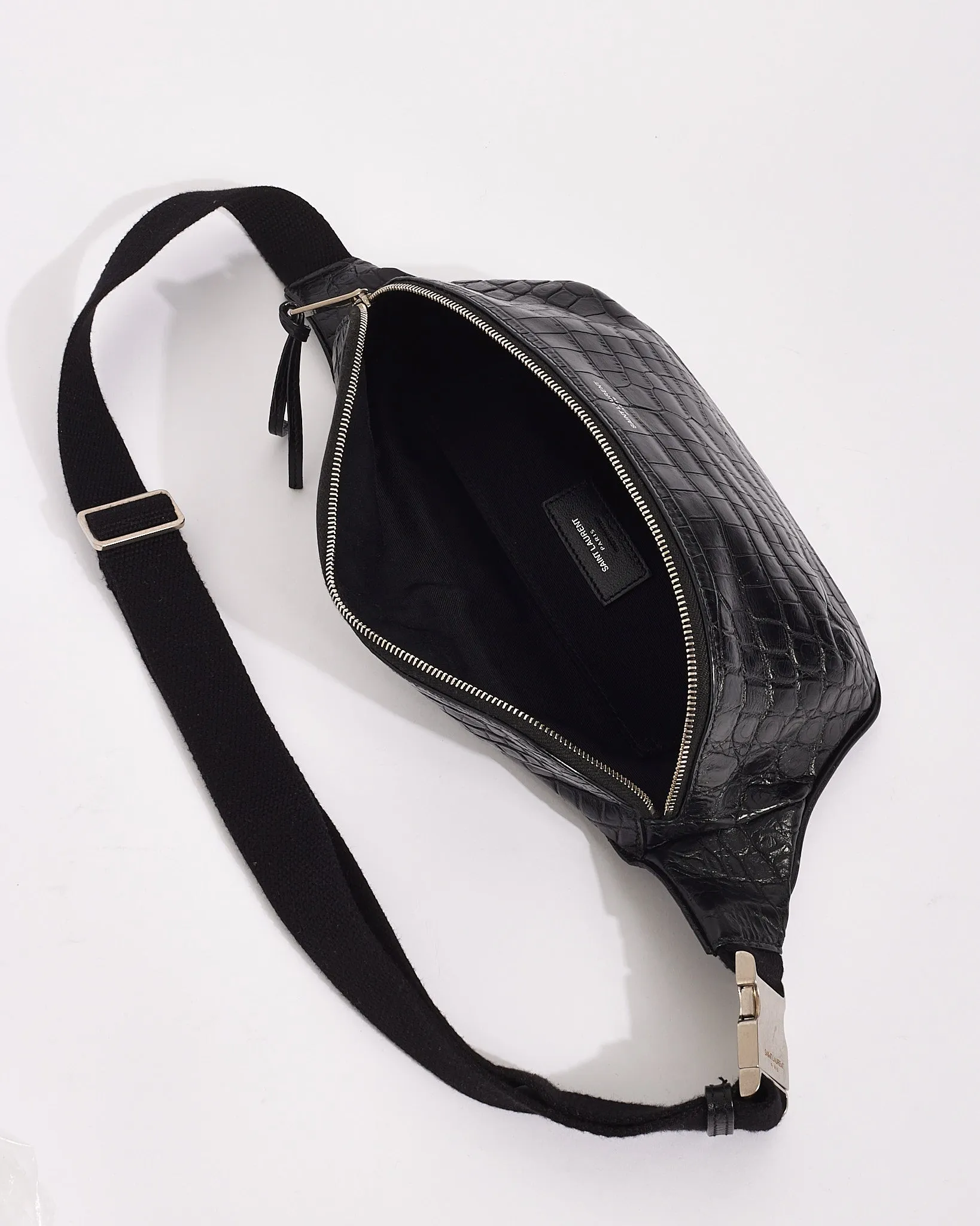 Saint Laurent Black Croc Embossed Leather Marsupio Belt Bag