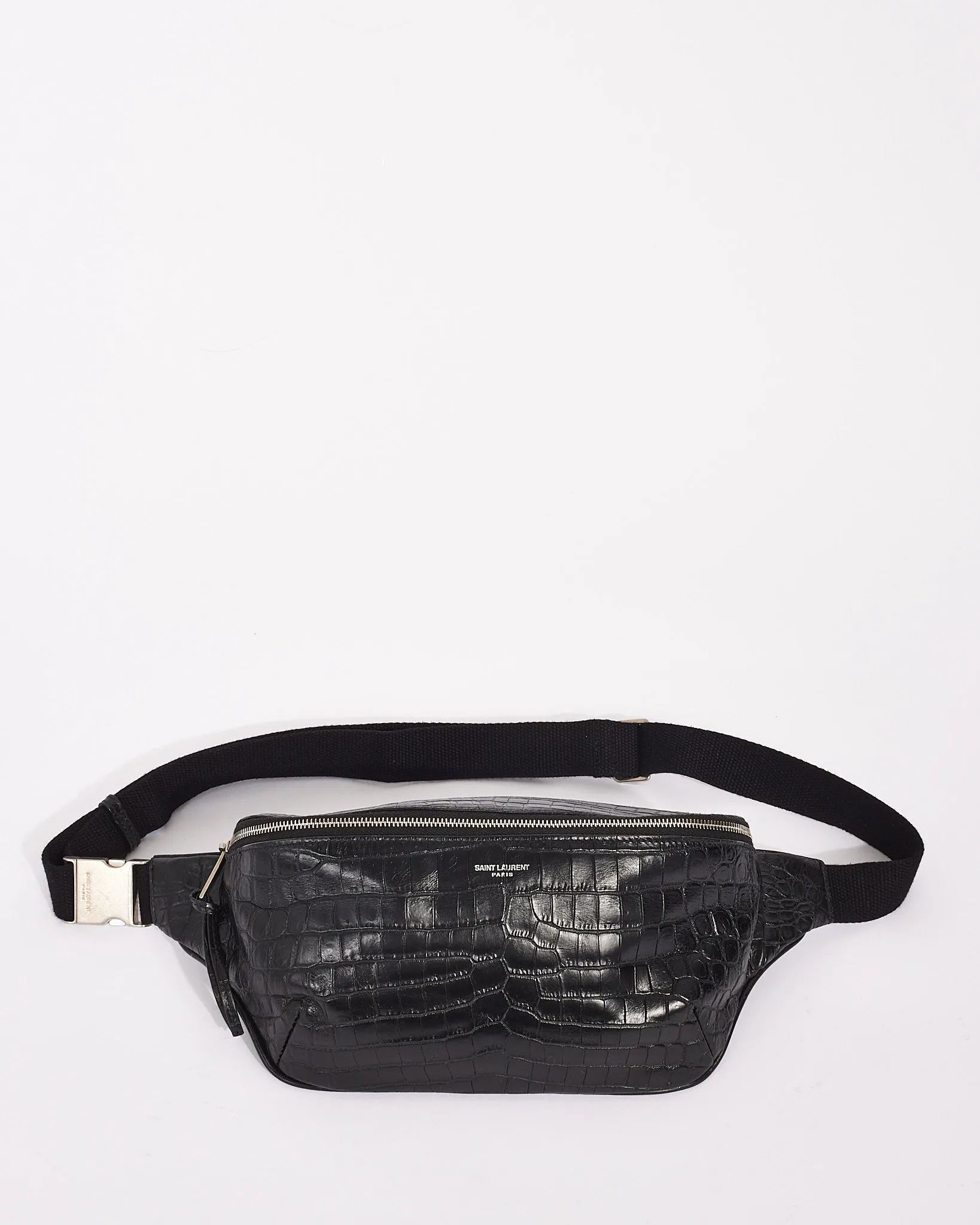 Saint Laurent Black Croc Embossed Leather Marsupio Belt Bag