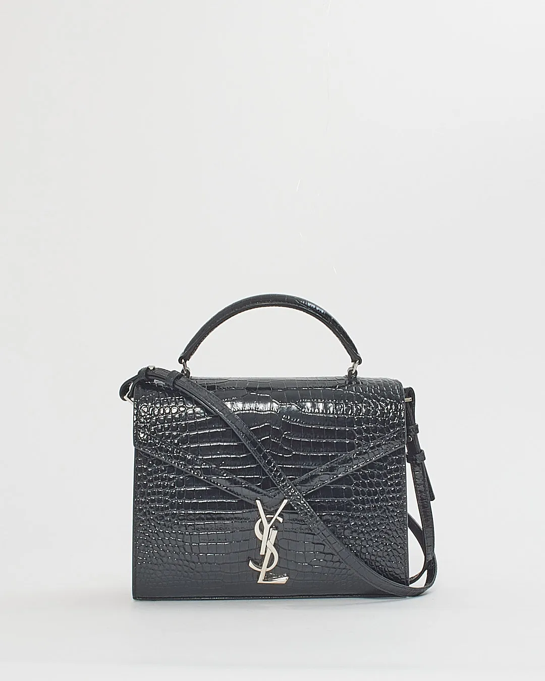 Saint Laurent Black Croc Embossed Leather Medium Cassandra Bag