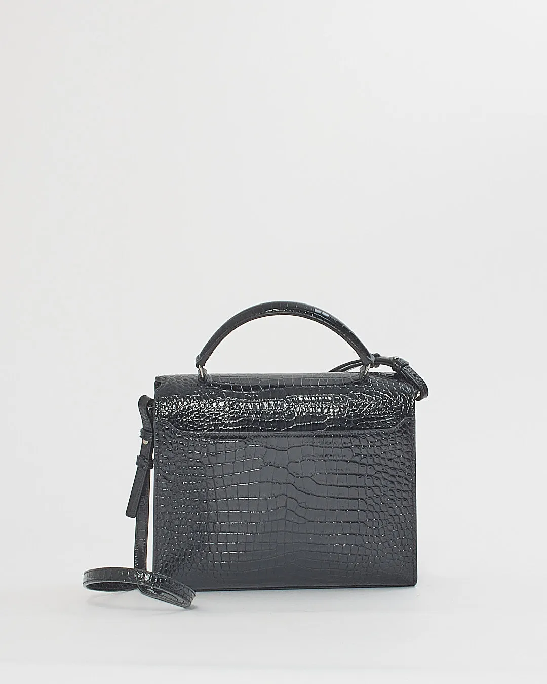 Saint Laurent Black Croc Embossed Leather Medium Cassandra Bag