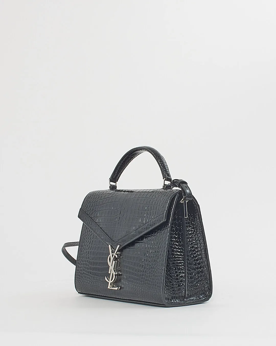 Saint Laurent Black Croc Embossed Leather Medium Cassandra Bag