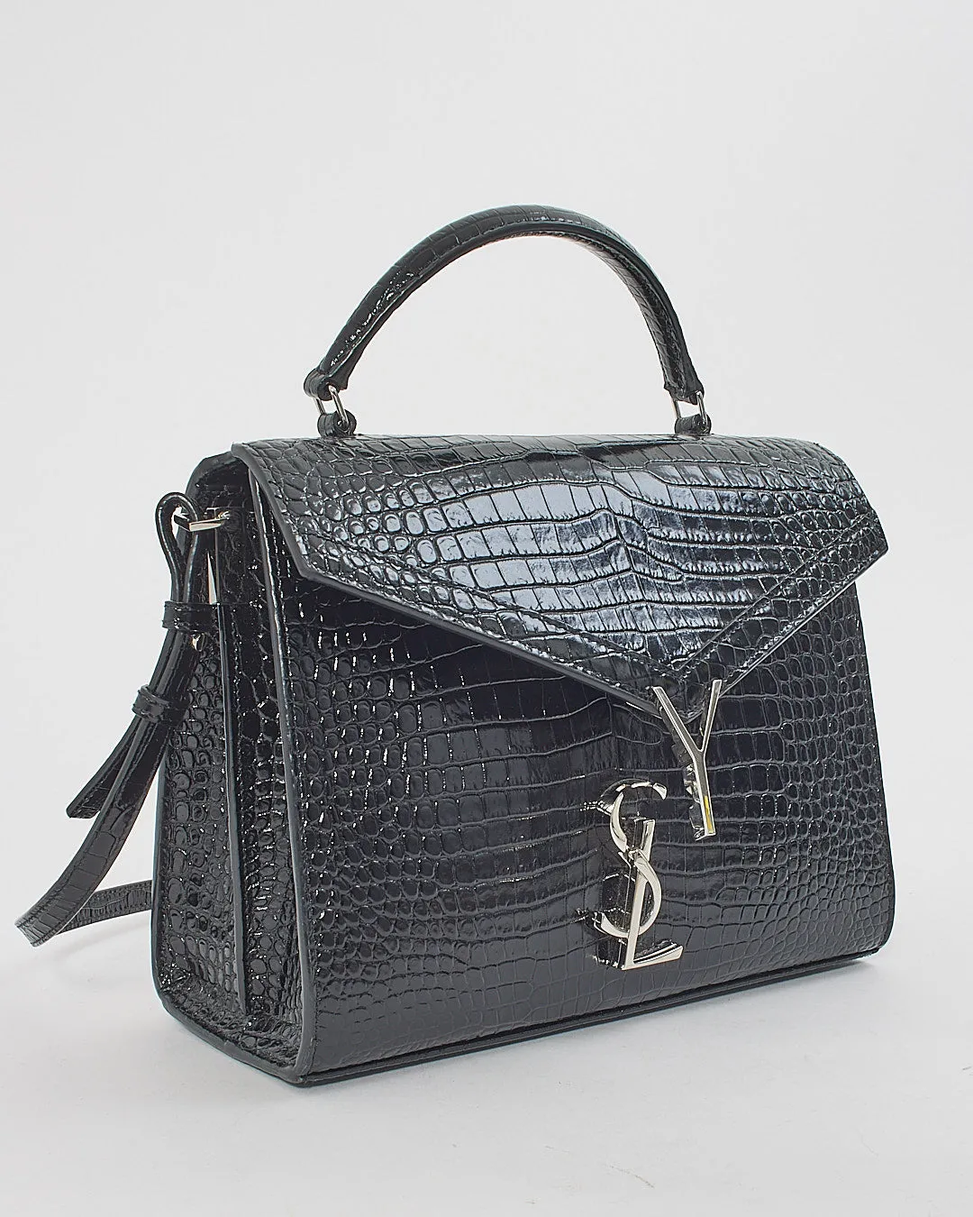 Saint Laurent Black Croc Embossed Leather Medium Cassandra Bag