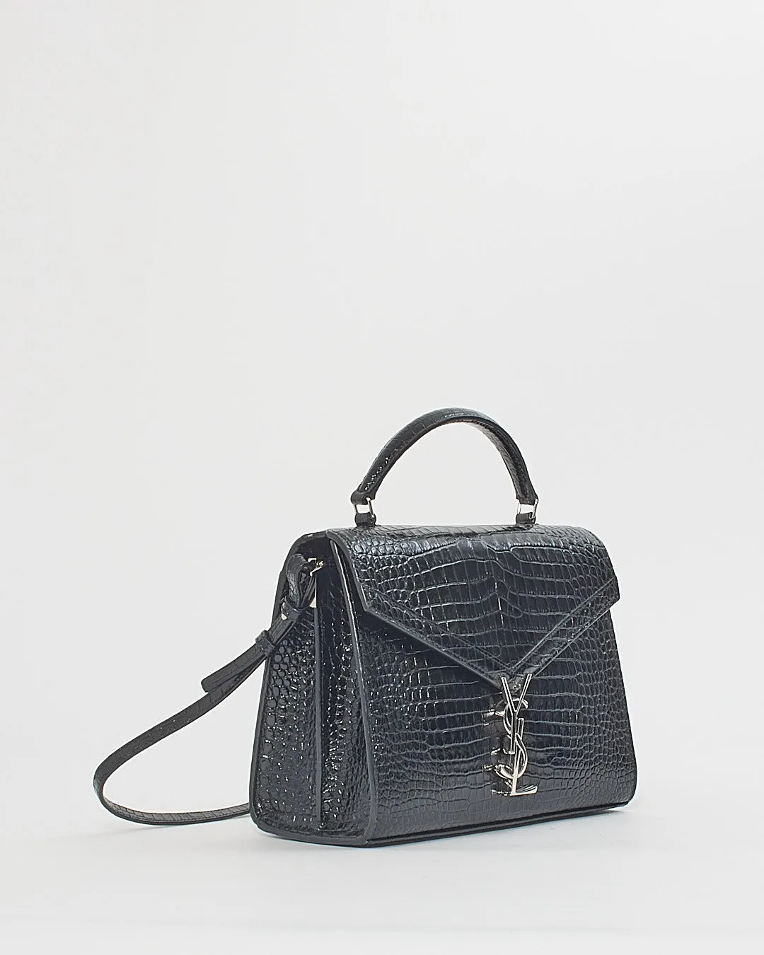 Saint Laurent Black Croc Embossed Leather Medium Cassandra Bag