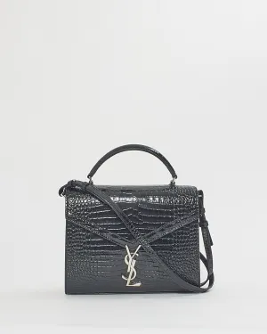 Saint Laurent Black Croc Embossed Leather Medium Cassandra Bag