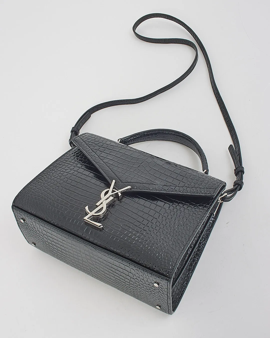 Saint Laurent Black Croc Embossed Leather Medium Cassandra Bag