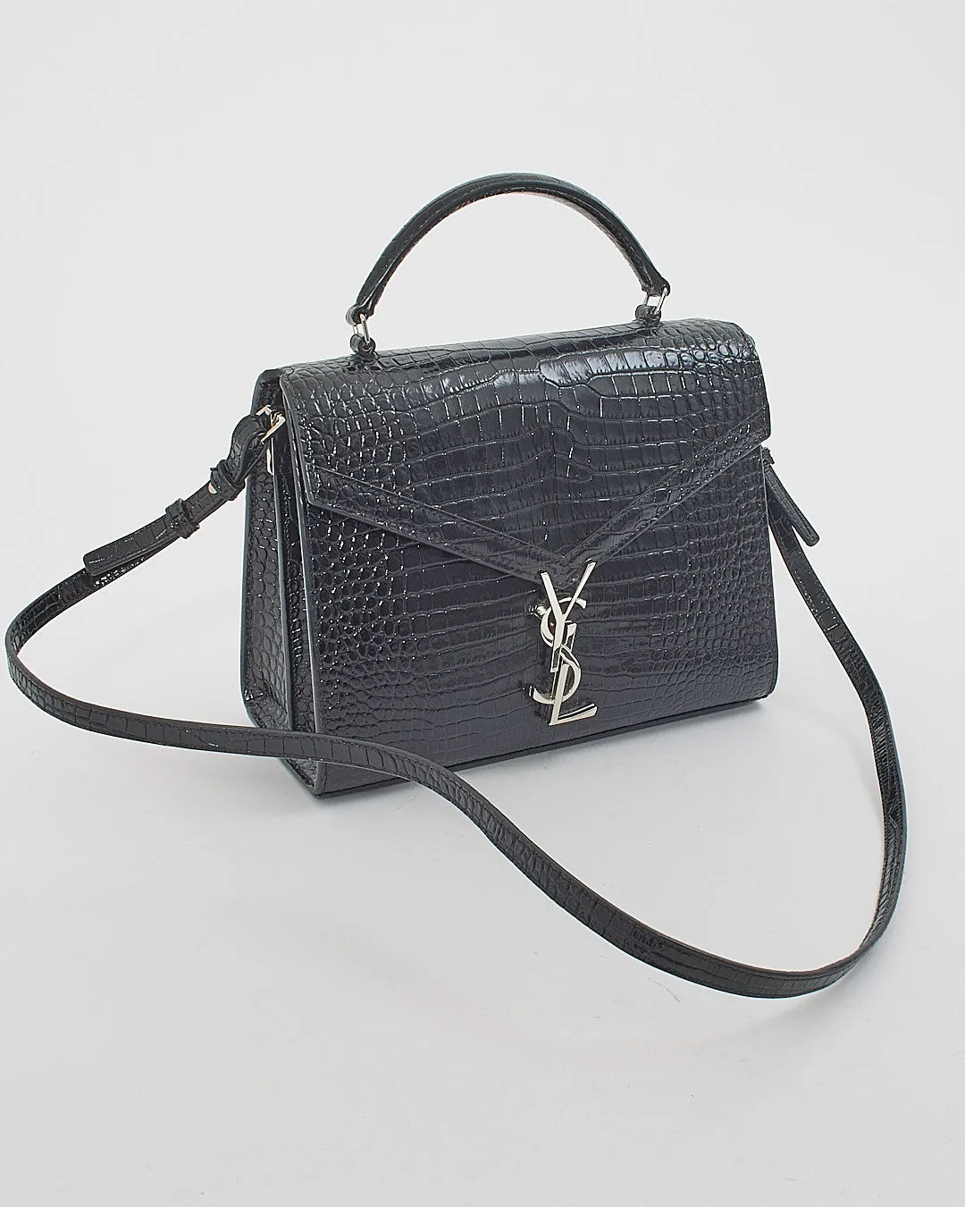 Saint Laurent Black Croc Embossed Leather Medium Cassandra Bag