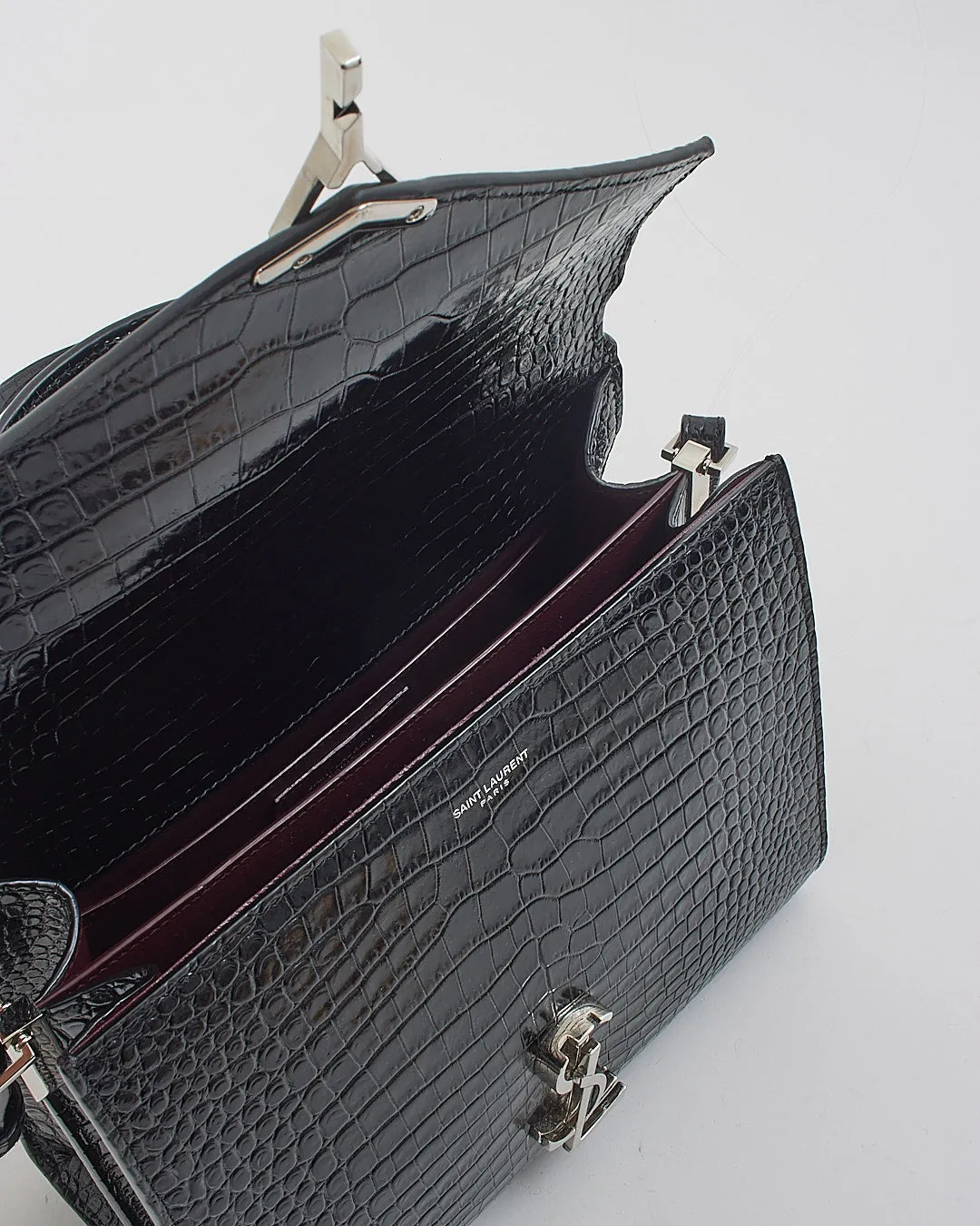 Saint Laurent Black Croc Embossed Leather Medium Cassandra Bag