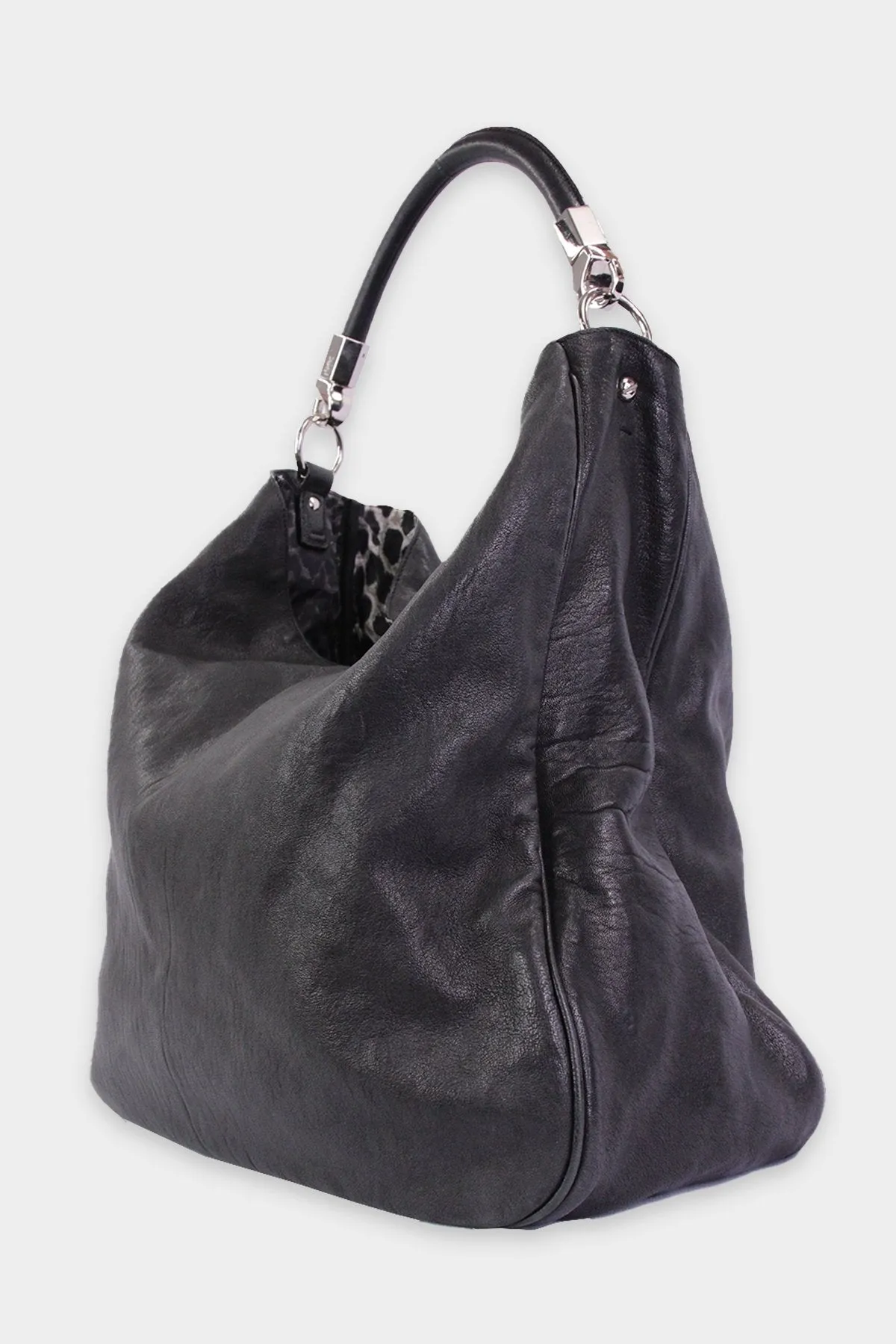 Saint Laurent Black Leather Hobo Handbag with Leopard Print in the Interior