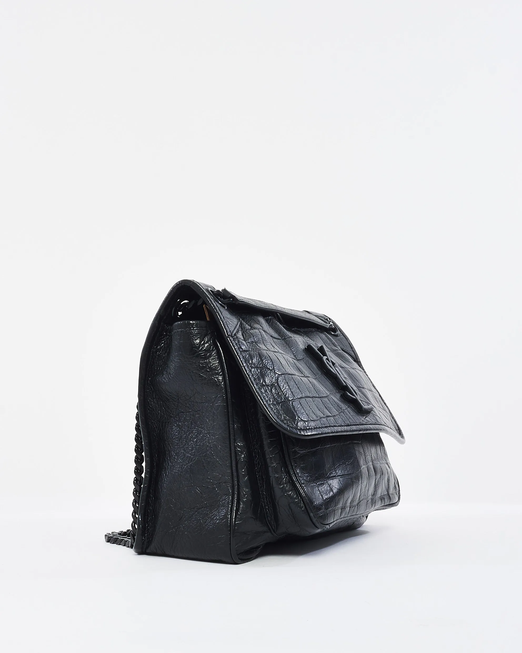 Saint Laurent Black Matte Croc Embossed Nikki Medium Shoulder Bag
