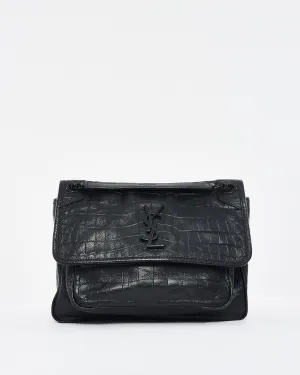 Saint Laurent Black Matte Croc Embossed Nikki Medium Shoulder Bag