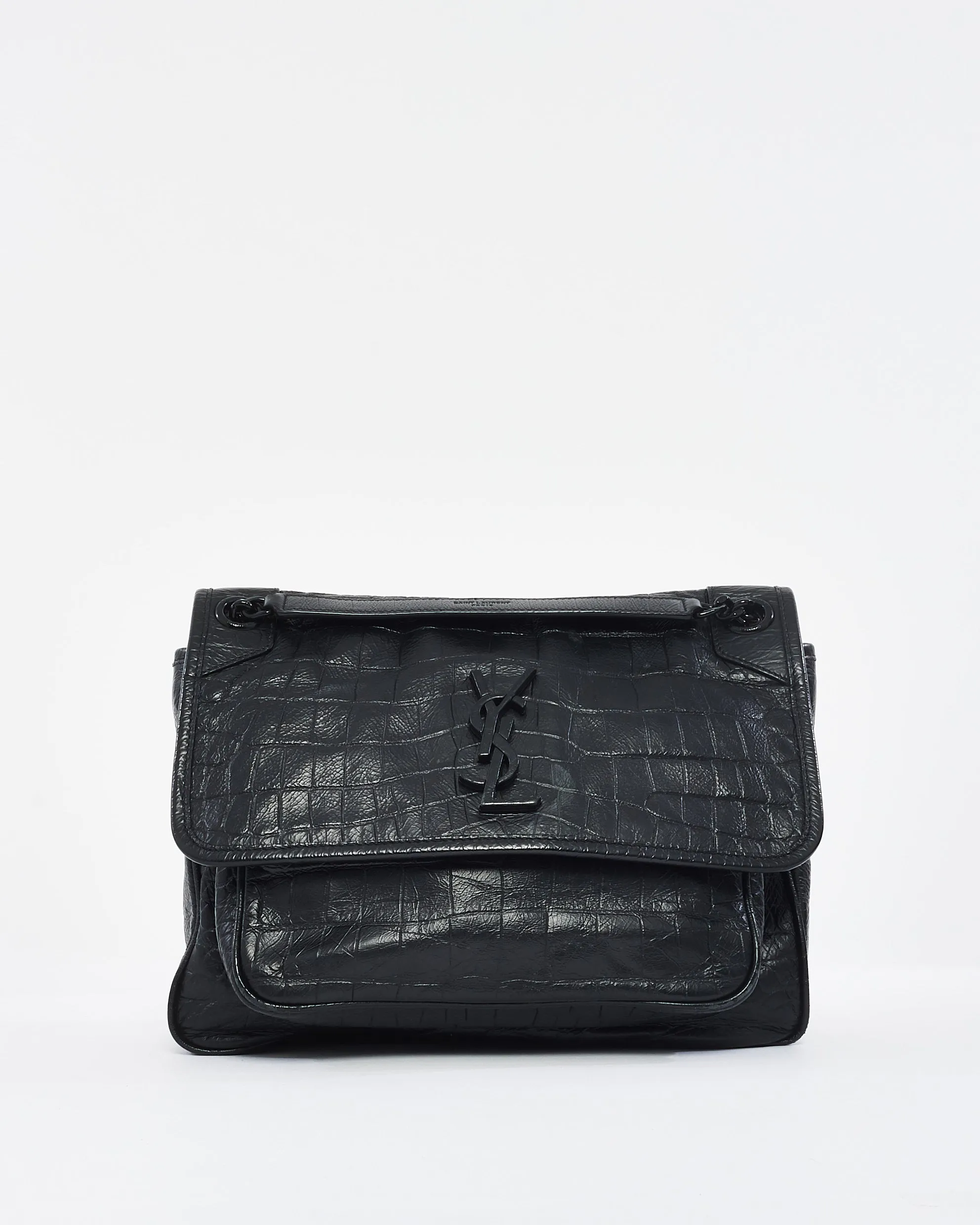 Saint Laurent Black Matte Croc Embossed Nikki Medium Shoulder Bag