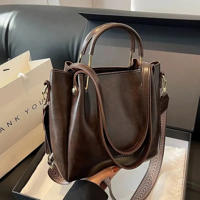Shoulder Strap Leather Bucket Bag