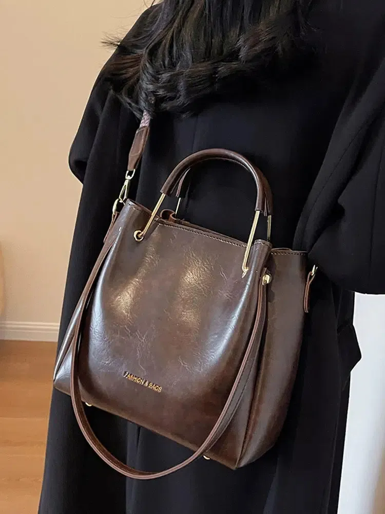 Shoulder Strap Leather Bucket Bag