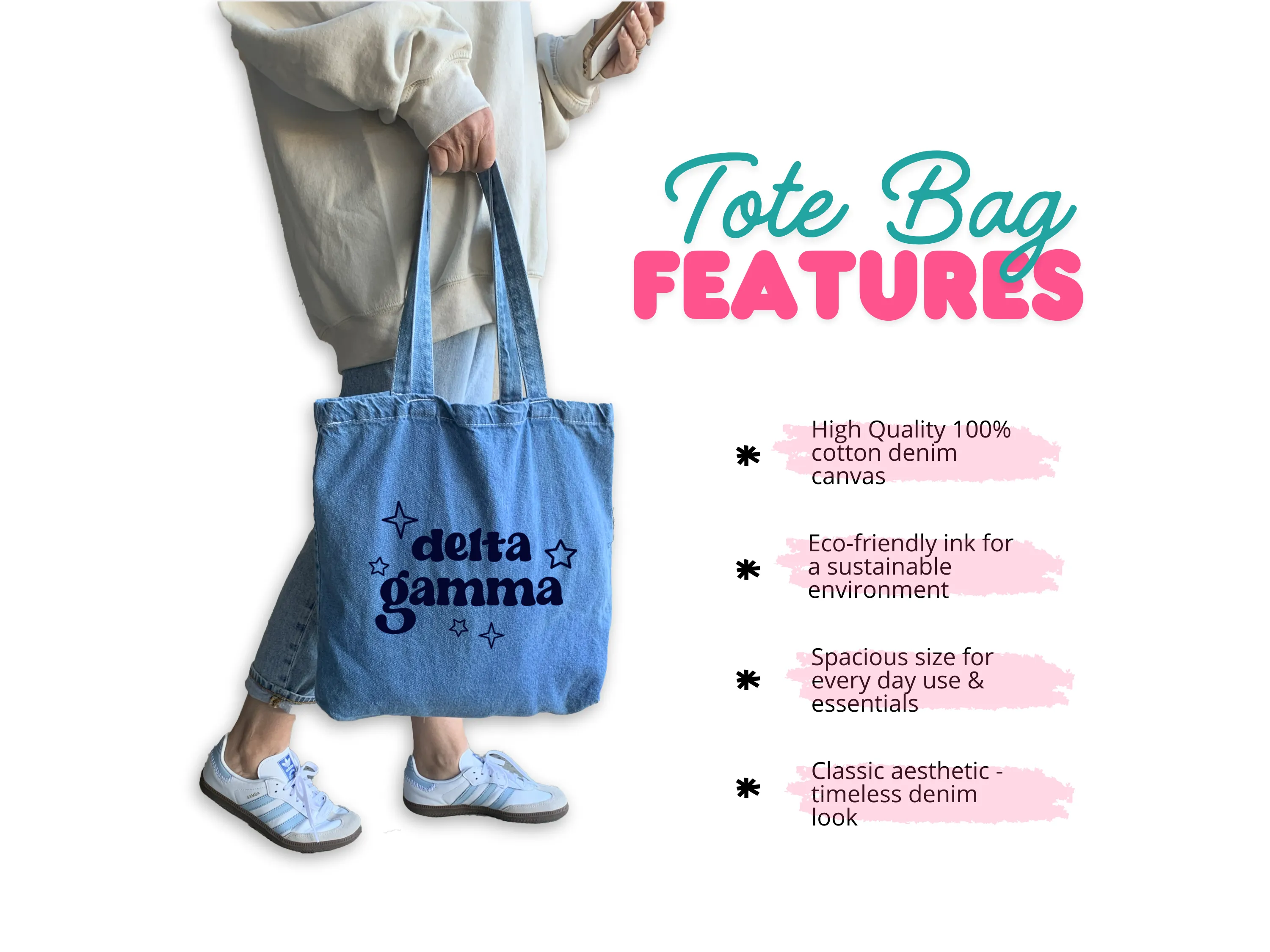 Sigma Sigma Sigma Denim Tote Bag - Sorority Gift, Big Little Reveal, Bid Day, Greek Life Accessory