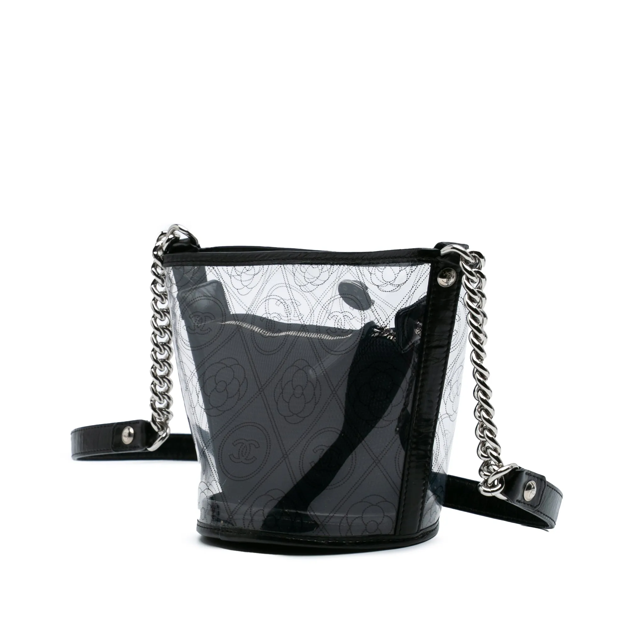 Small PVC and Crumpled Calfskin Camellia Coco Bucket Bag