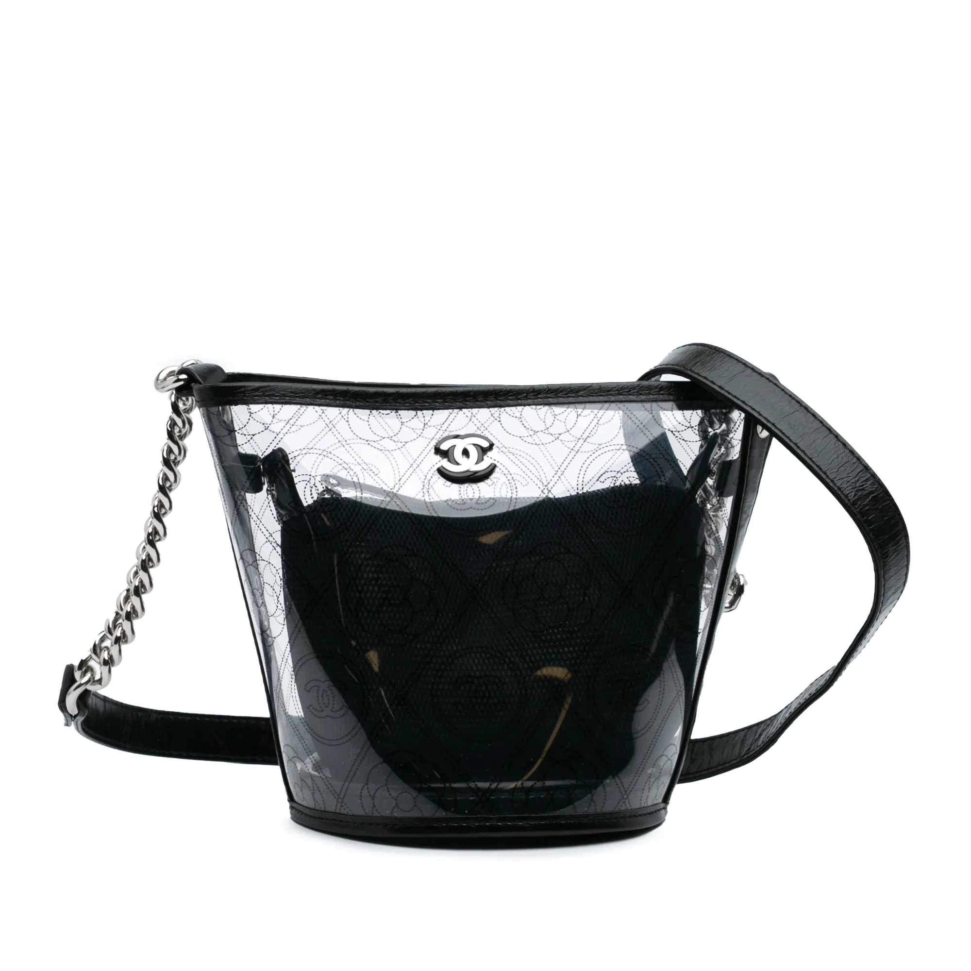 Small PVC and Crumpled Calfskin Camellia Coco Bucket Bag