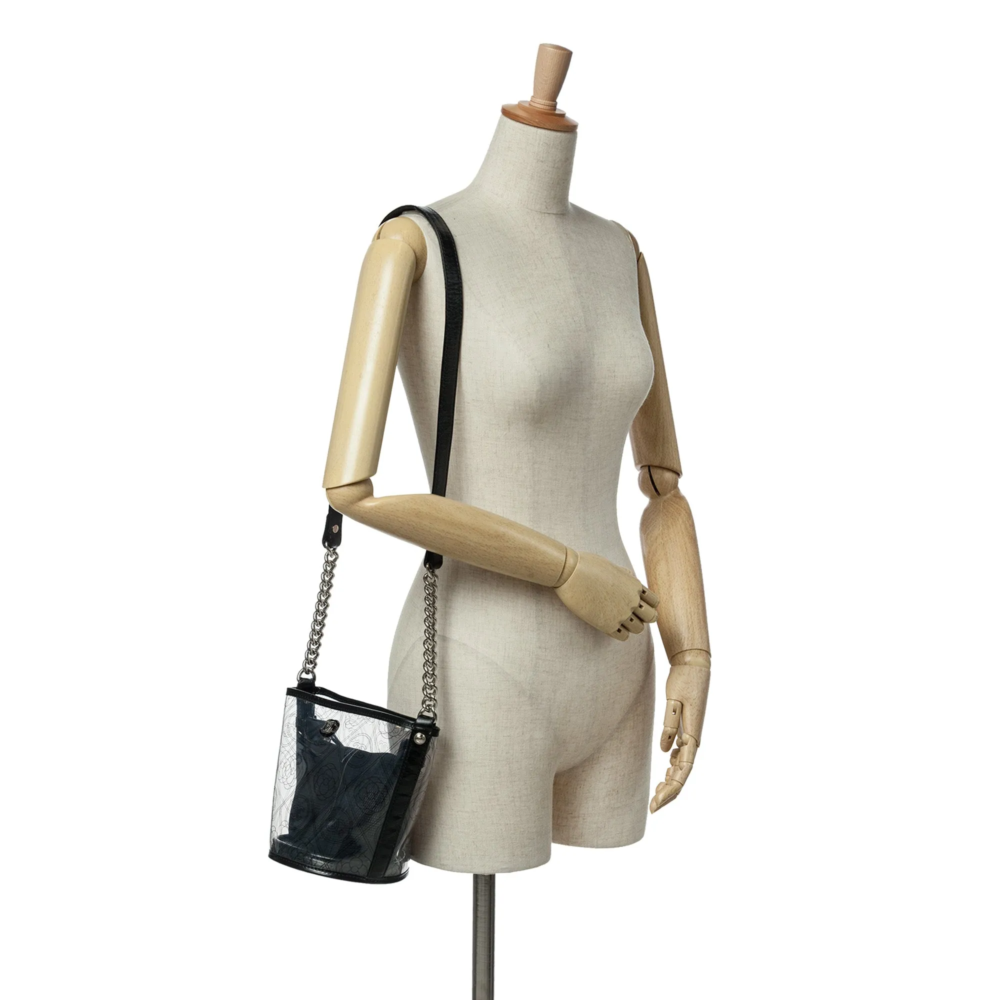 Small PVC and Crumpled Calfskin Camellia Coco Bucket Bag