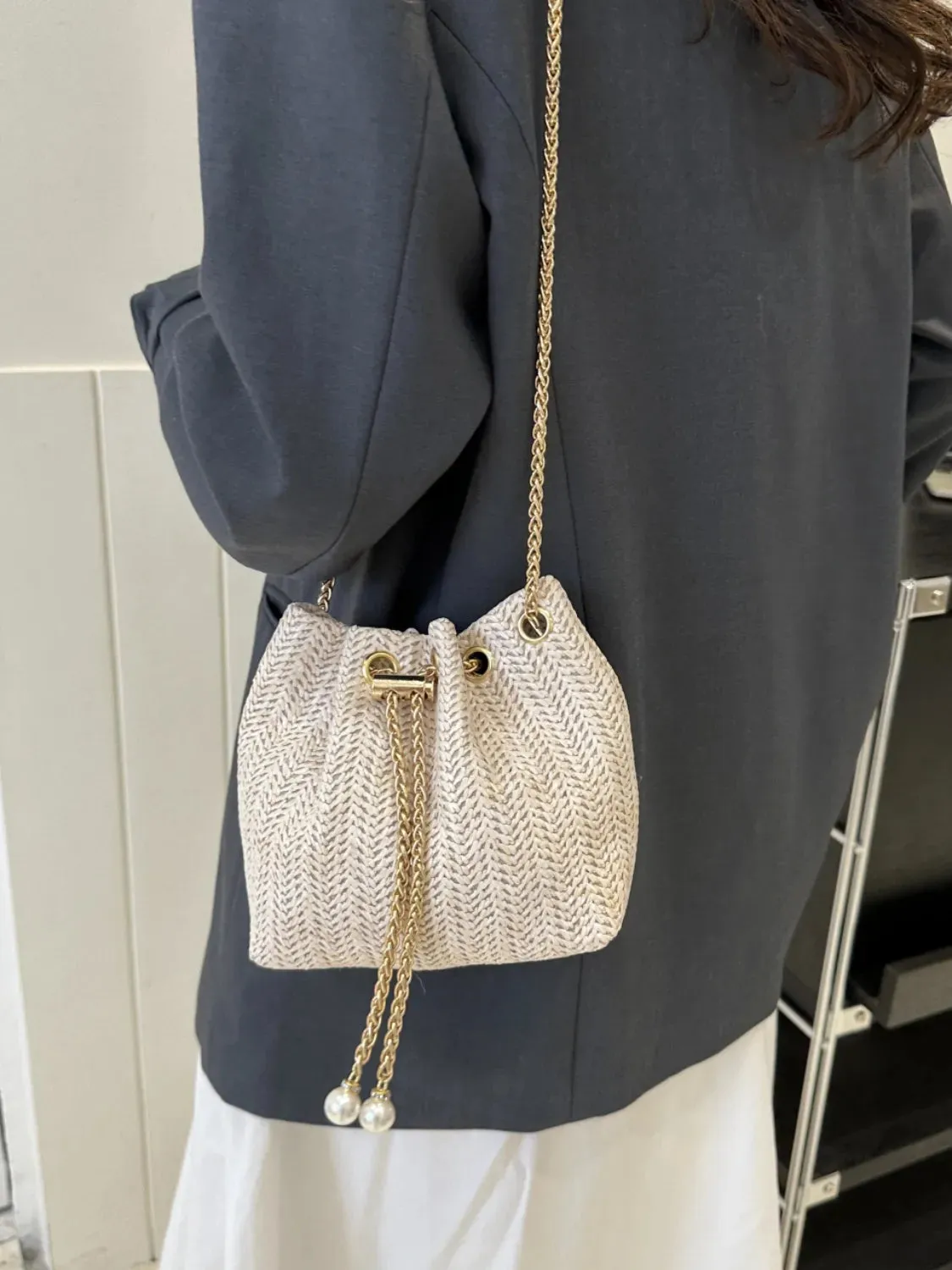 Straw Braided Chain Bucket Bag
