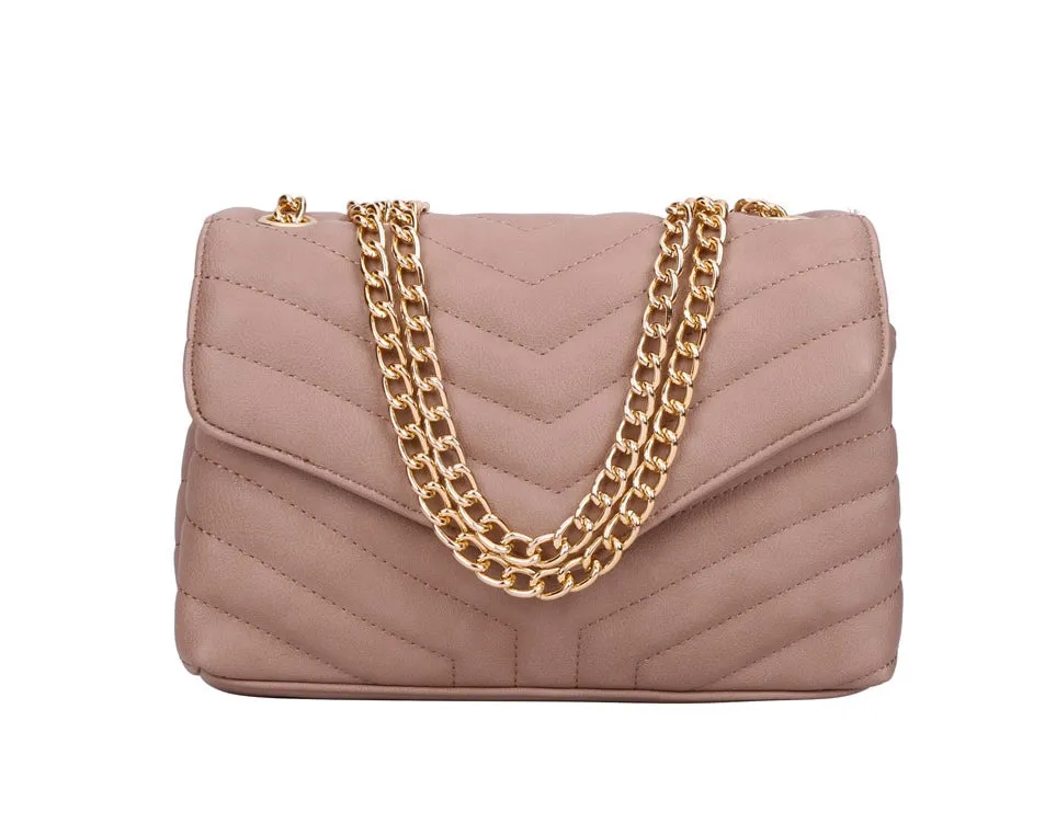 Tan Chevron Embossed Chained Bag | ALPHONSINA