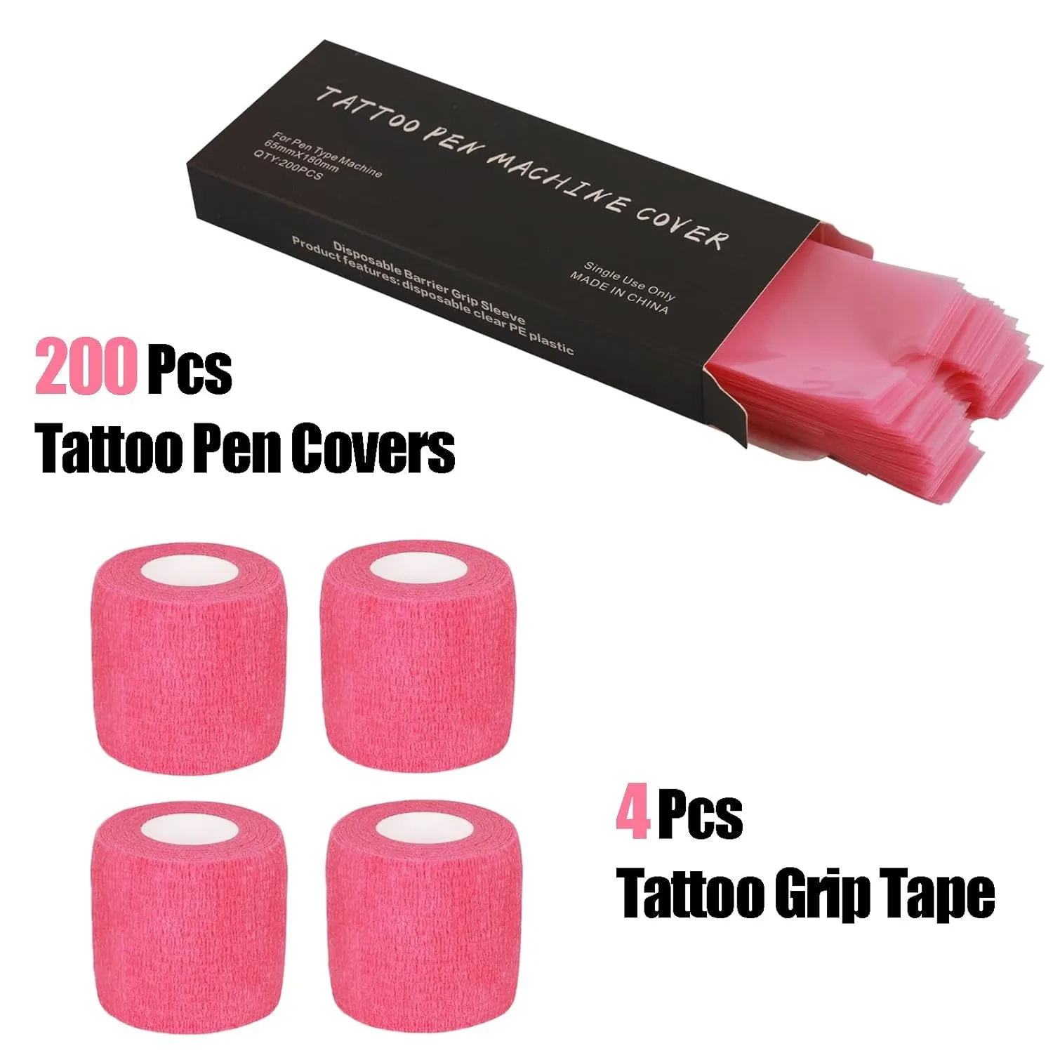Tattoo Machine Pen Cover Tape Wrap -  200Pcs Large Tattoo Pen Covers Pink and 4Pcs Tattoo Grip Wrap Combination Grip Tattoo Machine Covers Tattoo Tape Wrap Tattoo Supplies