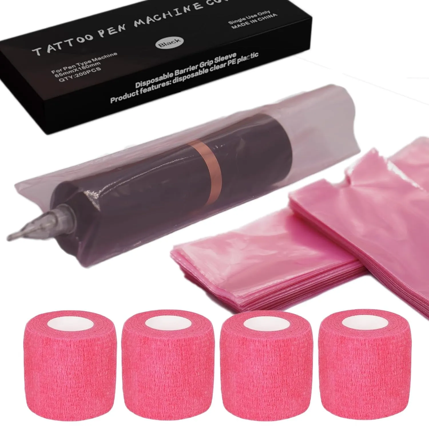 Tattoo Machine Pen Cover Tape Wrap -  200Pcs Large Tattoo Pen Covers Pink and 4Pcs Tattoo Grip Wrap Combination Grip Tattoo Machine Covers Tattoo Tape Wrap Tattoo Supplies