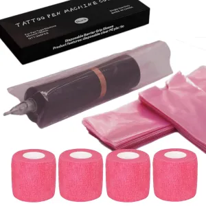 Tattoo Machine Pen Cover Tape Wrap -  200Pcs Large Tattoo Pen Covers Pink and 4Pcs Tattoo Grip Wrap Combination Grip Tattoo Machine Covers Tattoo Tape Wrap Tattoo Supplies