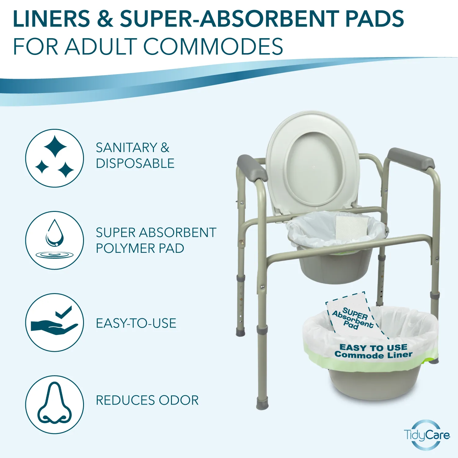 TidyCare Commode Liners and Absorbent Pads for Bedside Toilet Chair Bucket | Universal Fit