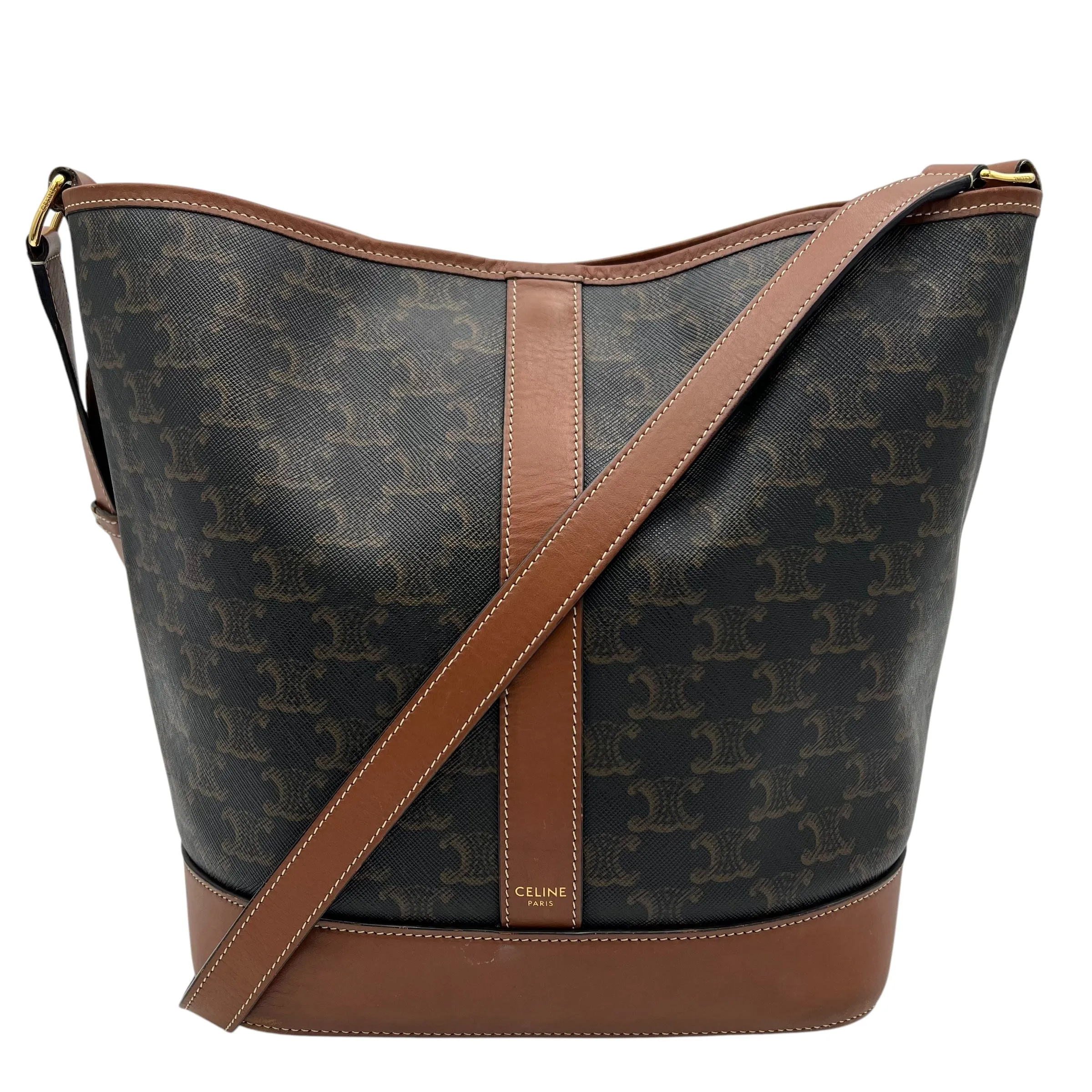 Triomphe Medium Black Bucket Bag in Coated Canvas, Gold hardware