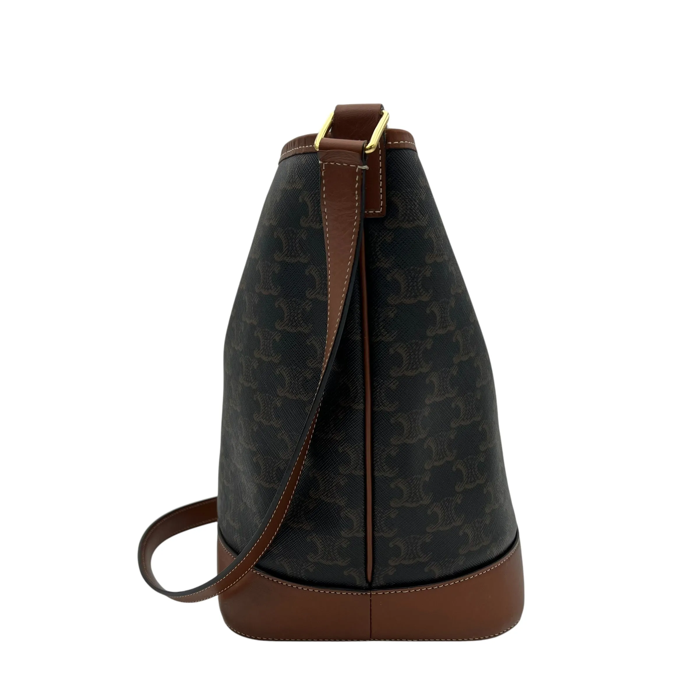 Triomphe Medium Black Bucket Bag in Coated Canvas, Gold hardware