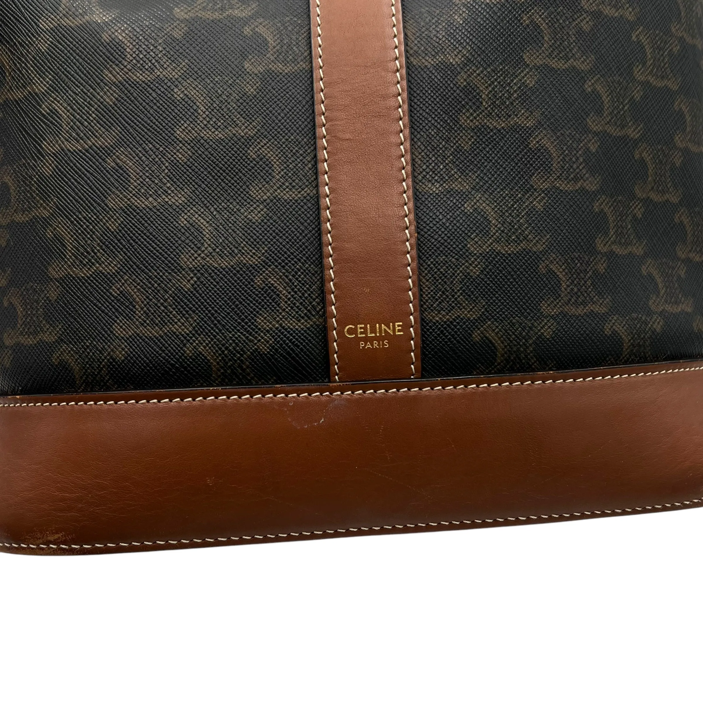 Triomphe Medium Black Bucket Bag in Coated Canvas, Gold hardware