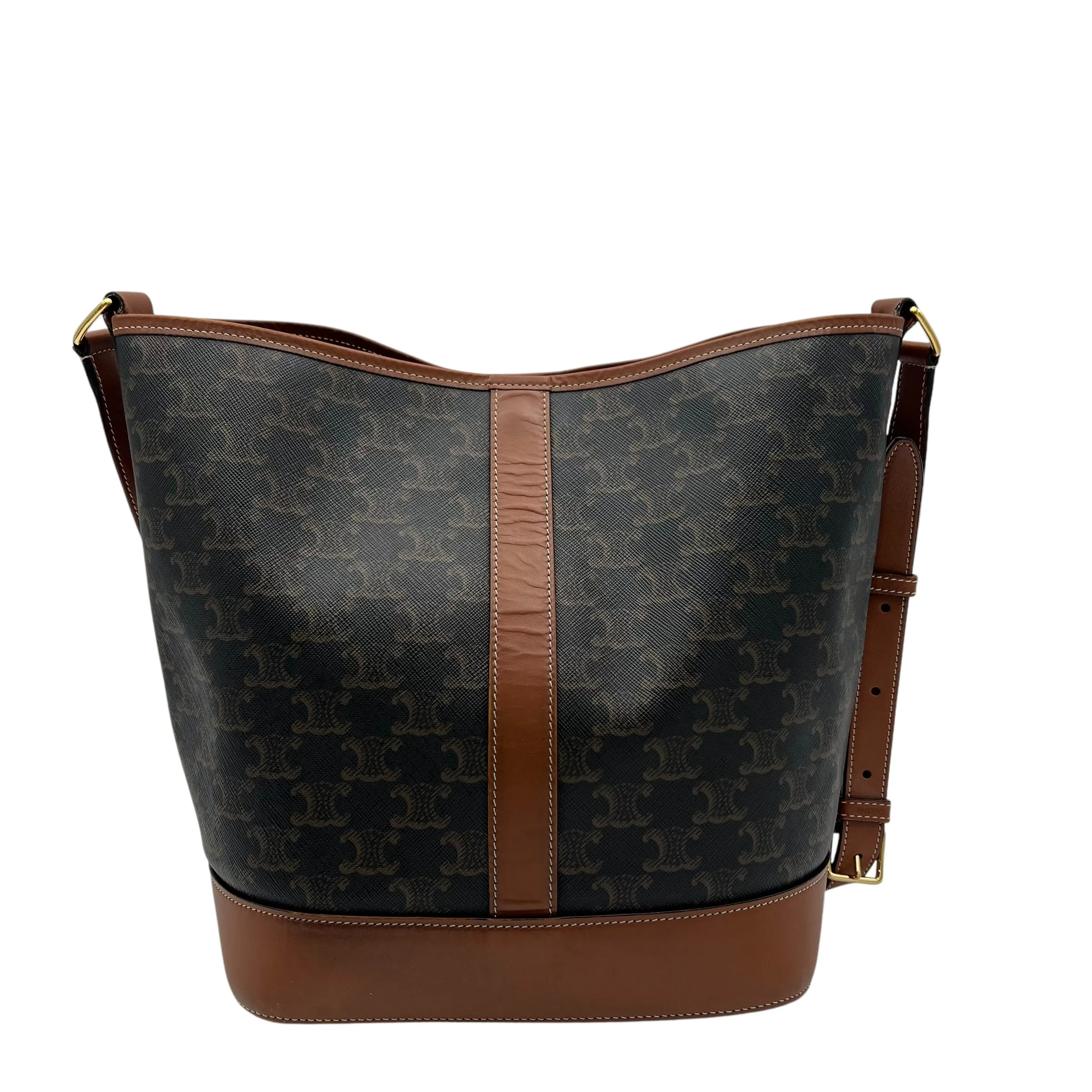 Triomphe Medium Black Bucket Bag in Coated Canvas, Gold hardware
