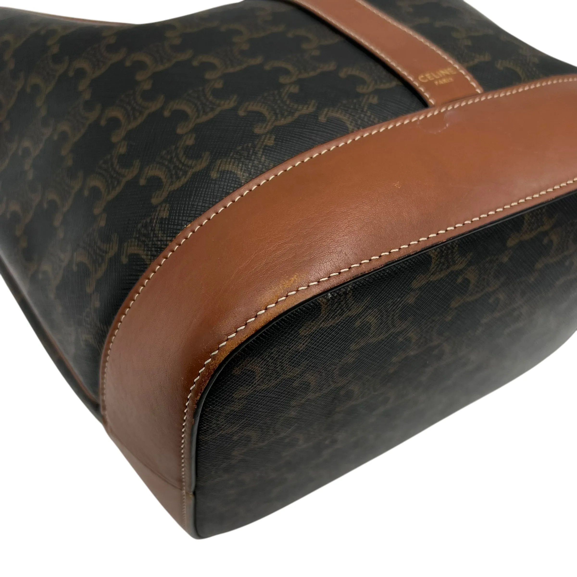 Triomphe Medium Black Bucket Bag in Coated Canvas, Gold hardware