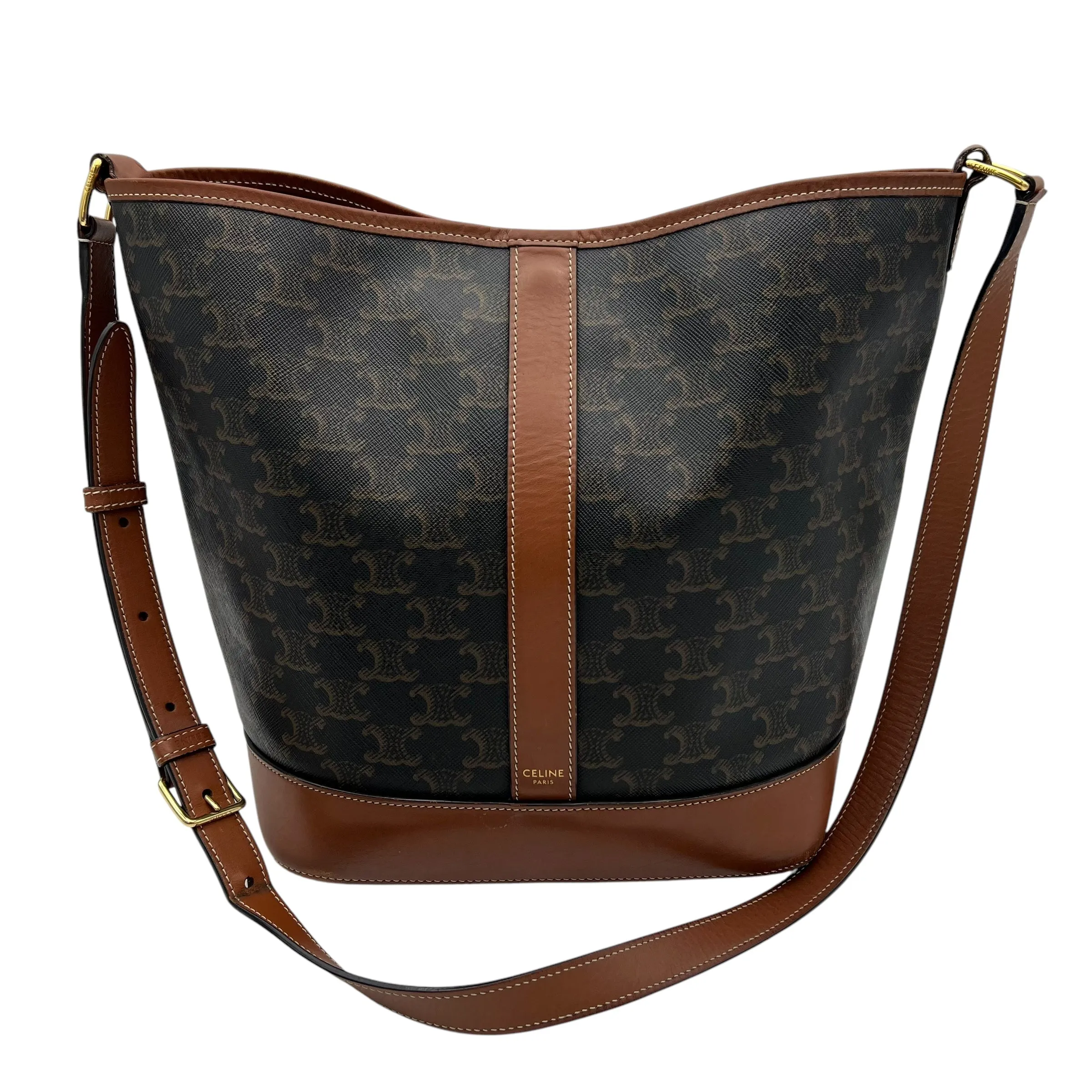 Triomphe Medium Black Bucket Bag in Coated Canvas, Gold hardware