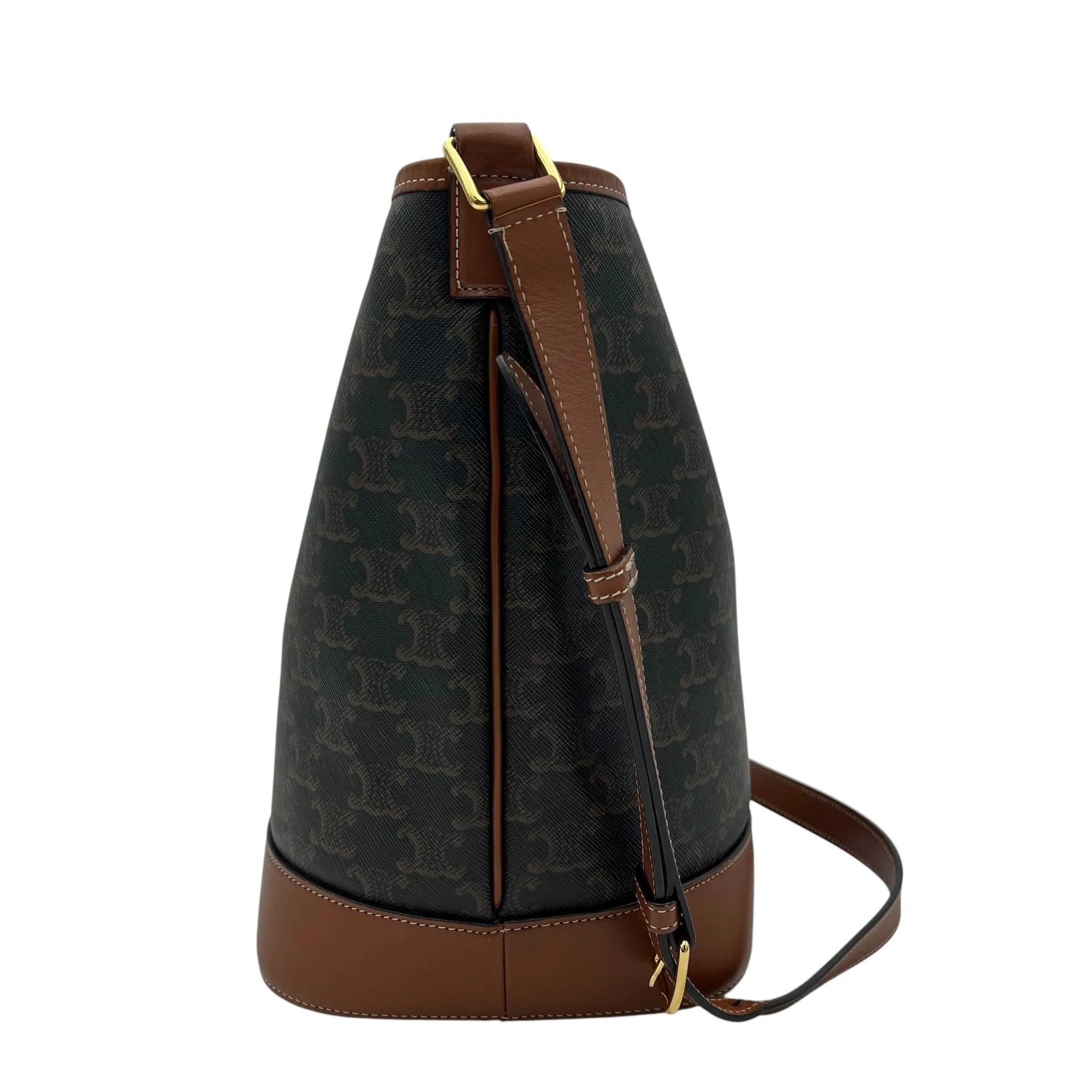 Triomphe Medium Black Bucket Bag in Coated Canvas, Gold hardware