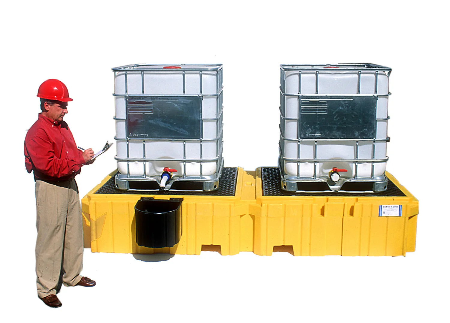 Ultra - IBC Spill Pallet Twin 1 Right Side Bucket Shelf, Drain