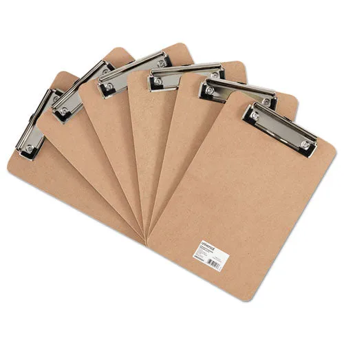 Universal® Hardboard Clipboard with Low-Profile Clip, 0.5" Clip Capacity, Holds 5 x 8 Sheets, Brown, 6/Pack