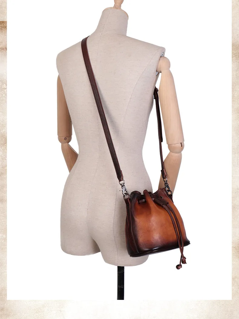 Vintage Black Leather Womens Bucket Shoulder Bags Bucket Crossbody Purse for Women