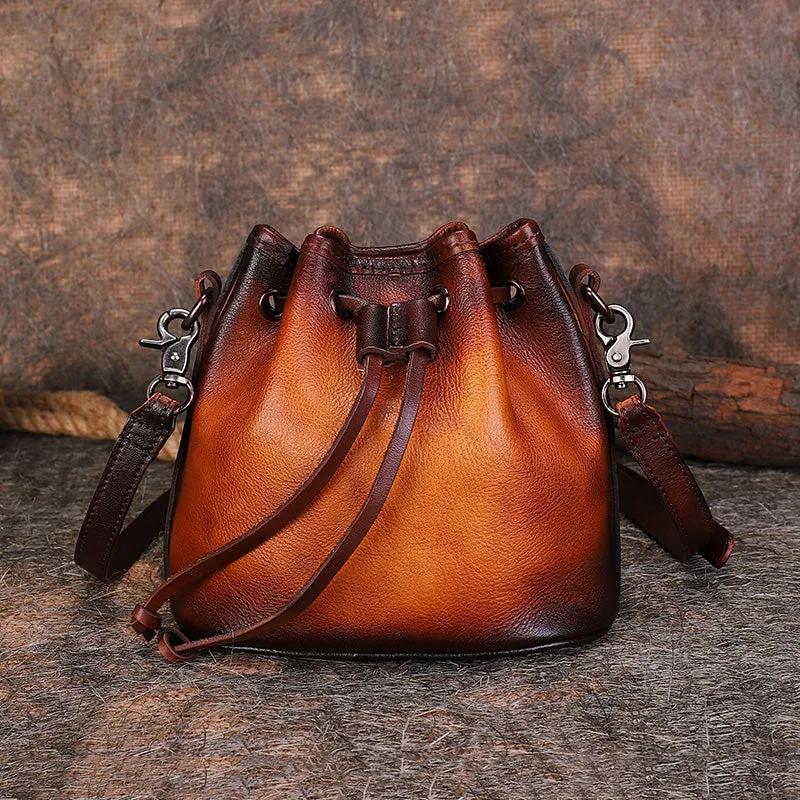 Vintage Black Leather Womens Bucket Shoulder Bags Bucket Crossbody Purse for Women