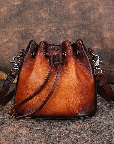 Vintage Black Leather Womens Bucket Shoulder Bags Bucket Crossbody Purse for Women