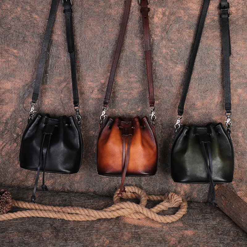 Vintage Black Leather Womens Bucket Shoulder Bags Bucket Crossbody Purse for Women