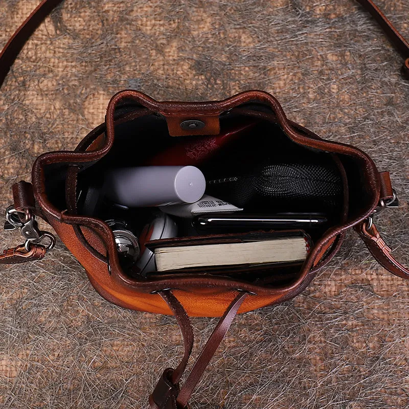 Vintage Black Leather Womens Bucket Shoulder Bags Bucket Crossbody Purse for Women