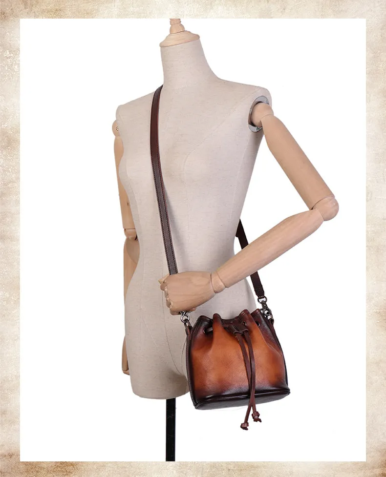 Vintage Black Leather Womens Bucket Shoulder Bags Bucket Crossbody Purse for Women