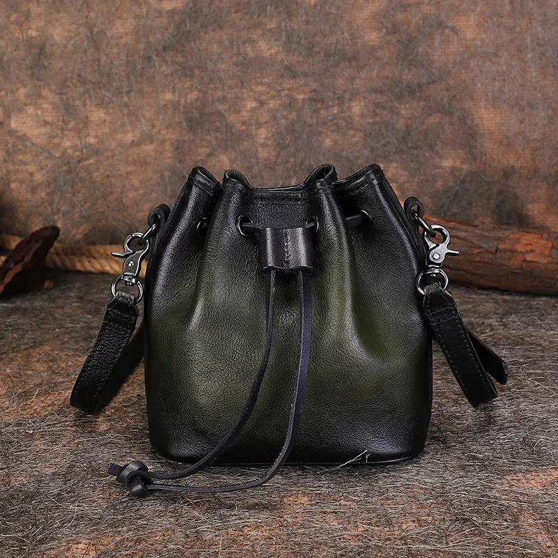 Vintage Black Leather Womens Bucket Shoulder Bags Bucket Crossbody Purse for Women