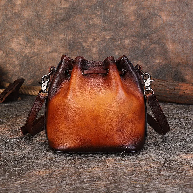 Vintage Black Leather Womens Bucket Shoulder Bags Bucket Crossbody Purse for Women