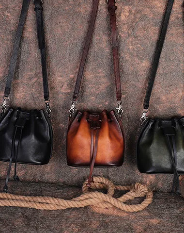 Vintage Black Leather Womens Bucket Shoulder Bags Bucket Crossbody Purse for Women