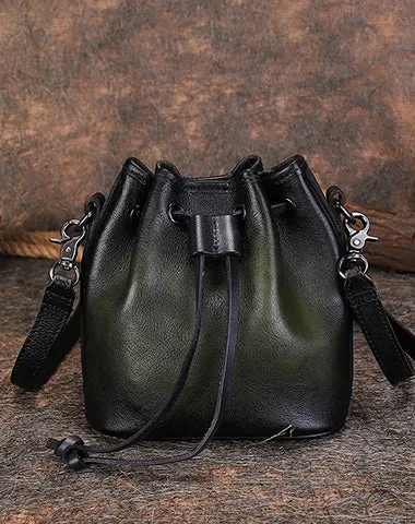 Vintage Black Leather Womens Bucket Shoulder Bags Bucket Crossbody Purse for Women