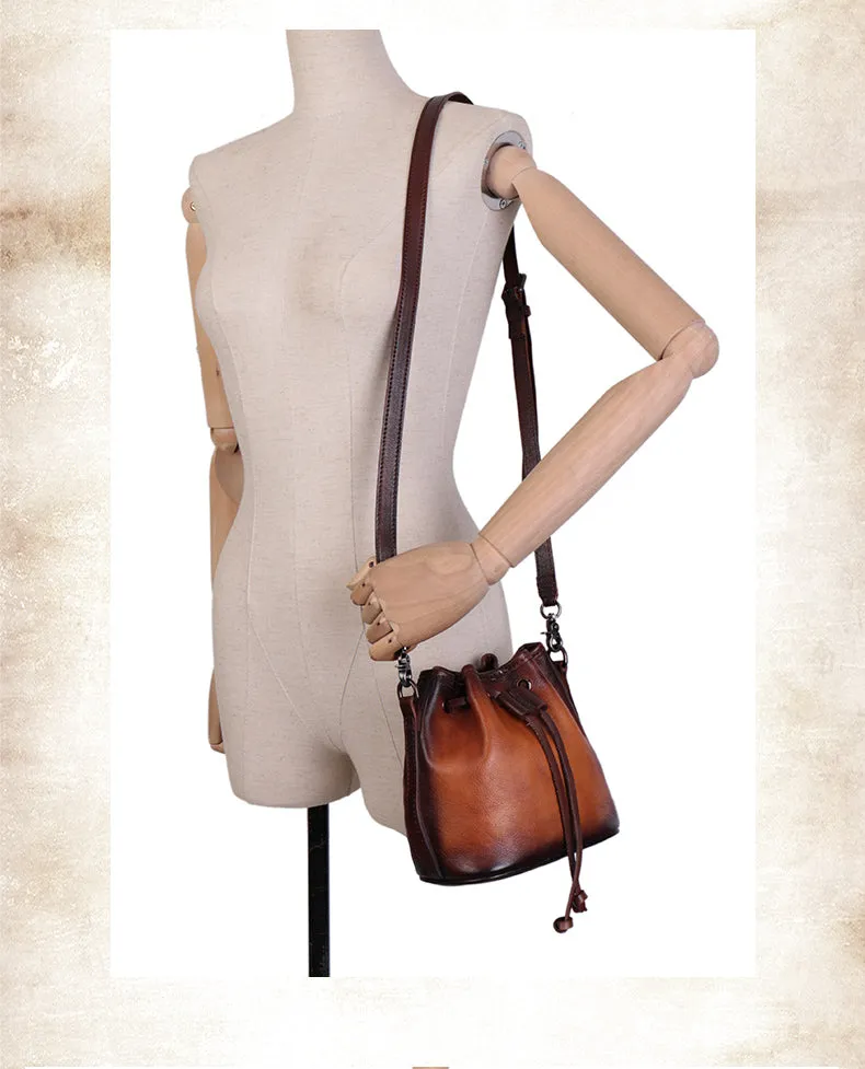 Vintage Black Leather Womens Bucket Shoulder Bags Bucket Crossbody Purse for Women