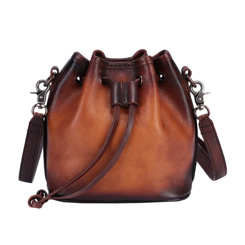 Vintage Black Leather Womens Bucket Shoulder Bags Bucket Crossbody Purse for Women
