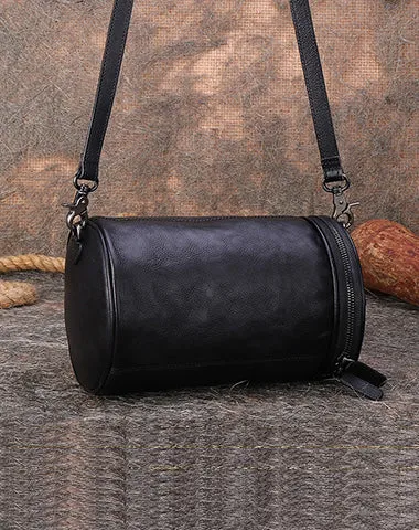 Vintage Brown Leather Womens Barrel Shoulder Bag Bucket Crossbody Purse for Women